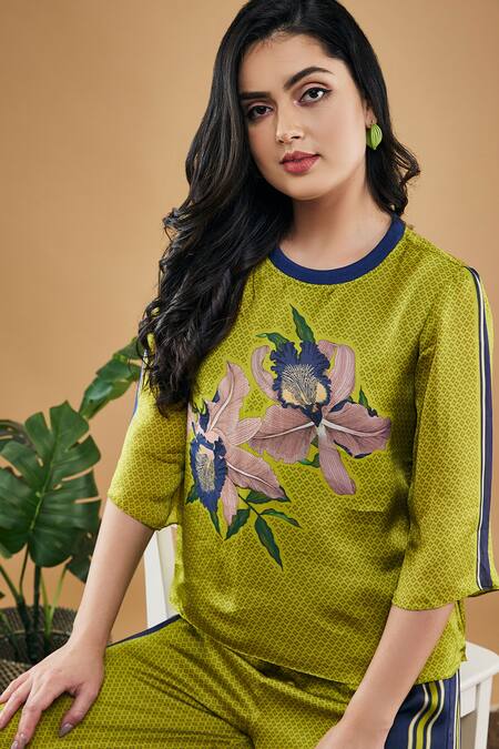 Soup By Sougat Paul_Green Organza, Satin Embroidery Round Orchid Bloom Print Top And Pant Co-ord Set _at_Aza_Fashions