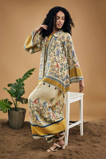 Soup By Sougat Paul_Yellow Cotton, Silk Embroidery, Tassels Bird And Tile Pattern Shirt With Pant _Online_at_Aza_Fashions