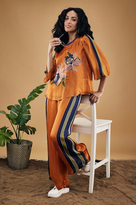 Soup By Sougat Paul Orange Cotton, Silk Embroidery Round Neck Orchid Bloom Print Pant Co-ord Set Online at Aza Fashions Soup By Sougat Paul_Orange Cotton, Silk Embroidery Round Neck Orchid Bloom Print Pant Co-ord Set _Online_at_Aza_Fashions