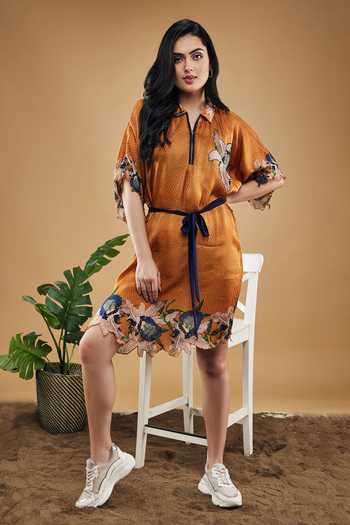 Soup By Sougat Paul_Orange Cotton Satin Cut Work Collared Orchid Bloom Print Kimono Dress And Belt Set _Online_at_Aza_Fashions