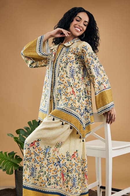 Buy_Soup By Sougat Paul_Yellow Cotton, Silk Embroidery, Tassels Bird And Tile Pattern Shirt With Pant _Online_at_Aza_Fashions