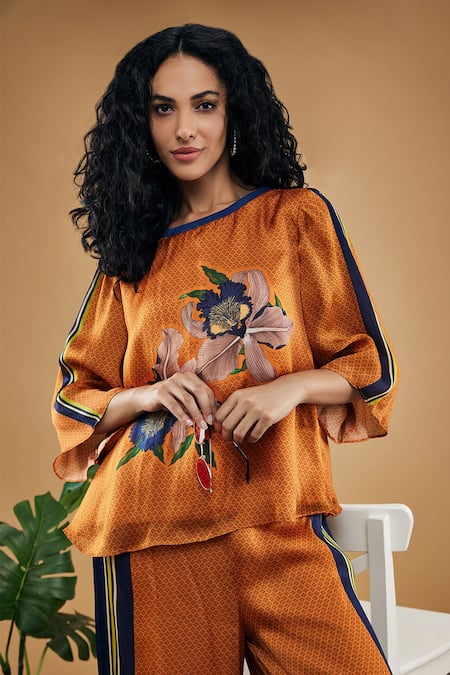 Buy Soup By Sougat Paul Orange Cotton, Silk Embroidery Round Neck Orchid Bloom Print Pant Co-ord Set Online at Aza Fashions Buy_Soup By Sougat Paul_Orange Cotton, Silk Embroidery Round Neck Orchid Bloom Print Pant Co-ord Set _Online_at_Aza_Fashions