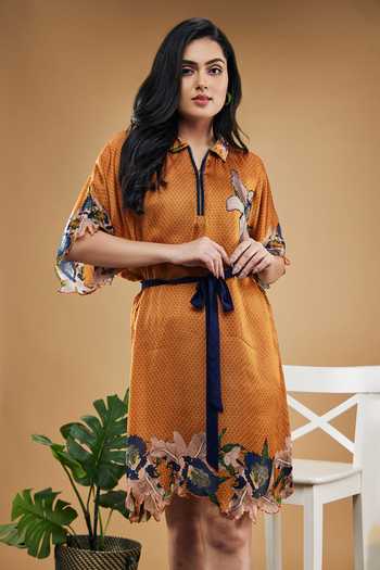 Buy_Soup By Sougat Paul_Orange Cotton Satin Cut Work Collared Orchid Bloom Print Kimono Dress And Belt Set _Online_at_Aza_Fashions
