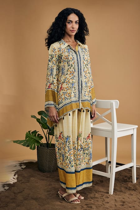 Shop_Soup By Sougat Paul_Yellow Cotton, Silk Embroidery, Tassels Bird And Tile Pattern Shirt With Pant _Online_at_Aza_Fashions