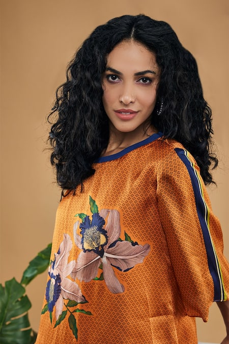 Shop Soup By Sougat Paul Orange Cotton, Silk Embroidery Round Neck Orchid Bloom Print Pant Co-ord Set Online at Aza Fashions Shop_Soup By Sougat Paul_Orange Cotton, Silk Embroidery Round Neck Orchid Bloom Print Pant Co-ord Set _Online_at_Aza_Fashions