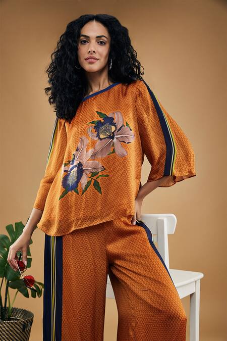Soup By Sougat Paul Orange Cotton, Silk Embroidery Round Neck Orchid Bloom Print Pant Co-ord Set at Aza Fashions Soup By Sougat Paul_Orange Cotton, Silk Embroidery Round Neck Orchid Bloom Print Pant Co-ord Set _at_Aza_Fashions