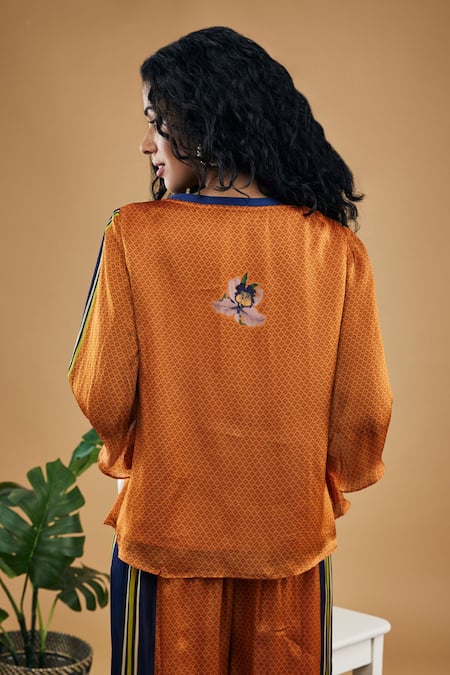 Buy Soup By Sougat Paul Orange Cotton, Silk Embroidery Round Neck Orchid Bloom Print Pant Co-ord Set Buy_Soup By Sougat Paul_Orange Cotton, Silk Embroidery Round Neck Orchid Bloom Print Pant Co-ord Set