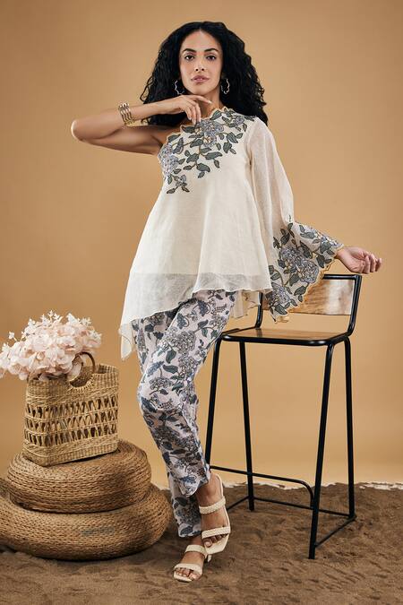 Soup By Sougat Paul_White Linen, Handloom Cotton Applique, Embroidery One Yasmin Top With Pant _Online_at_Aza_Fashions
