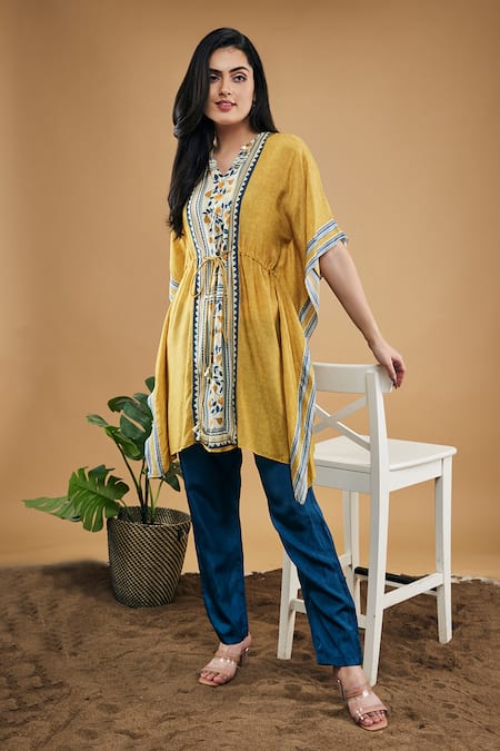 Soup By Sougat Paul_Yellow Cotton, Silk Embroidery V-neck Bird And Tile Print Kaftan Top With Pant _Online_at_Aza_Fashions