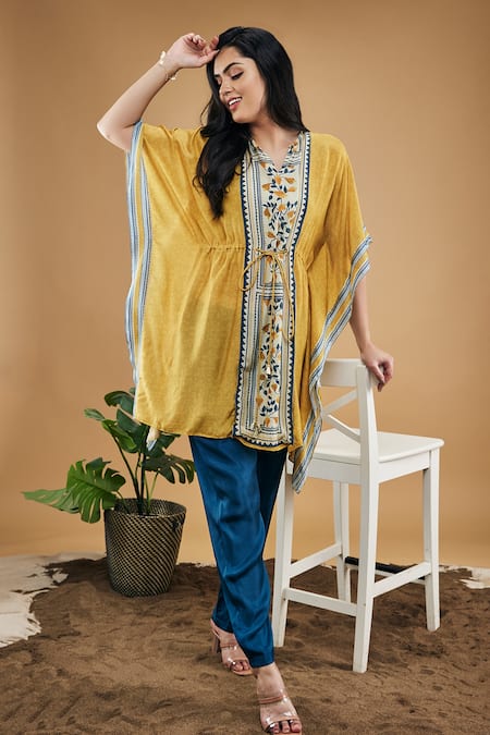 Buy_Soup By Sougat Paul_Yellow Cotton, Silk Embroidery V-neck Bird And Tile Print Kaftan Top With Pant _Online_at_Aza_Fashions