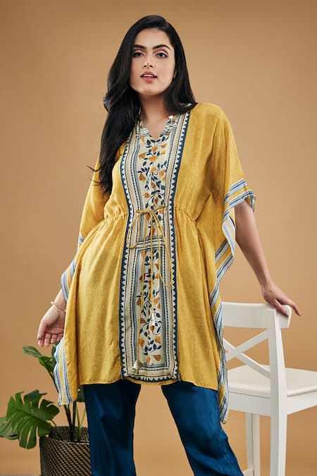 Shop_Soup By Sougat Paul_Yellow Cotton, Silk Embroidery V-neck Bird And Tile Print Kaftan Top With Pant _Online_at_Aza_Fashions