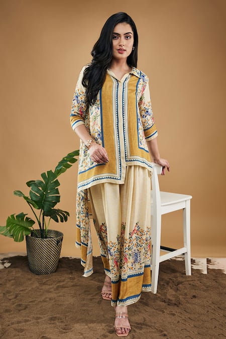 Soup By Sougat Paul Yellow Cotton, Silk Embroidery Bird And Tile Print High-low Shirt With Pant Online at Aza Fashions Soup By Sougat Paul_Yellow Cotton, Silk Embroidery Bird And Tile Print High-low Shirt With Pant _Online_at_Aza_Fashions