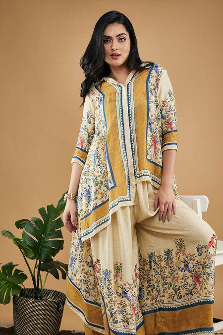 Buy Soup By Sougat Paul Yellow Cotton, Silk Embroidery Bird And Tile Print High-low Shirt With Pant Online at Aza Fashions Buy_Soup By Sougat Paul_Yellow Cotton, Silk Embroidery Bird And Tile Print High-low Shirt With Pant _Online_at_Aza_Fashions