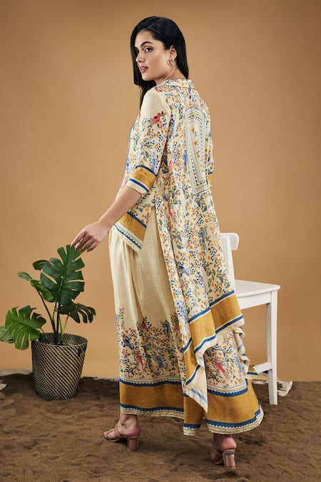 Shop Soup By Sougat Paul Yellow Cotton, Silk Embroidery Bird And Tile Print High-low Shirt With Pant Online at Aza Fashions Shop_Soup By Sougat Paul_Yellow Cotton, Silk Embroidery Bird And Tile Print High-low Shirt With Pant _Online_at_Aza_Fashions