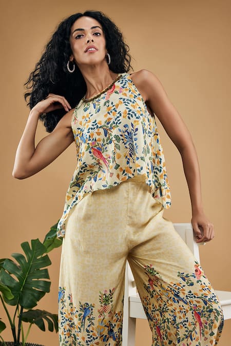 Soup By Sougat Paul Yellow Cotton, Silk Embroidery Round Bird And Tile Print Flared Pant Co-ord Set Online at Aza Fashions Soup By Sougat Paul_Yellow Cotton, Silk Embroidery Round Bird And Tile Print Flared Pant Co-ord Set _Online_at_Aza_Fashions