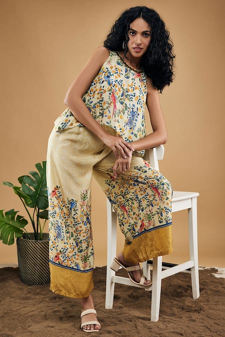 Buy Soup By Sougat Paul Yellow Cotton, Silk Embroidery Round Bird And Tile Print Flared Pant Co-ord Set Online at Aza Fashions Buy_Soup By Sougat Paul_Yellow Cotton, Silk Embroidery Round Bird And Tile Print Flared Pant Co-ord Set _Online_at_Aza_Fashions