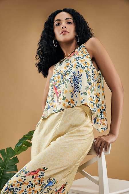 Shop Soup By Sougat Paul Yellow Cotton, Silk Embroidery Round Bird And Tile Print Flared Pant Co-ord Set Online at Aza Fashions Shop_Soup By Sougat Paul_Yellow Cotton, Silk Embroidery Round Bird And Tile Print Flared Pant Co-ord Set _Online_at_Aza_Fashions