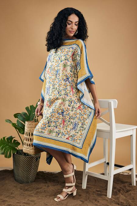 Buy_Soup By Sougat Paul_Yellow Cotton, Silk Round Neck Bird And Tile Printed Kaftan Dress _Online_at_Aza_Fashions