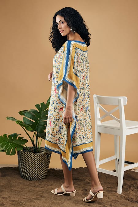 Shop_Soup By Sougat Paul_Yellow Cotton, Silk Round Neck Bird And Tile Printed Kaftan Dress _Online_at_Aza_Fashions