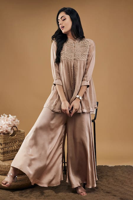 Soup By Sougat Paul_Brown Viscose, Silk, Satin Embroidery, Beads Azra Embellished Tunic And Pant Set _Online_at_Aza_Fashions
