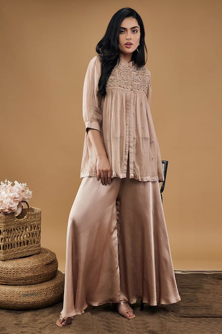 Buy_Soup By Sougat Paul_Brown Viscose, Silk, Satin Embroidery, Beads Azra Embellished Tunic And Pant Set _Online_at_Aza_Fashions