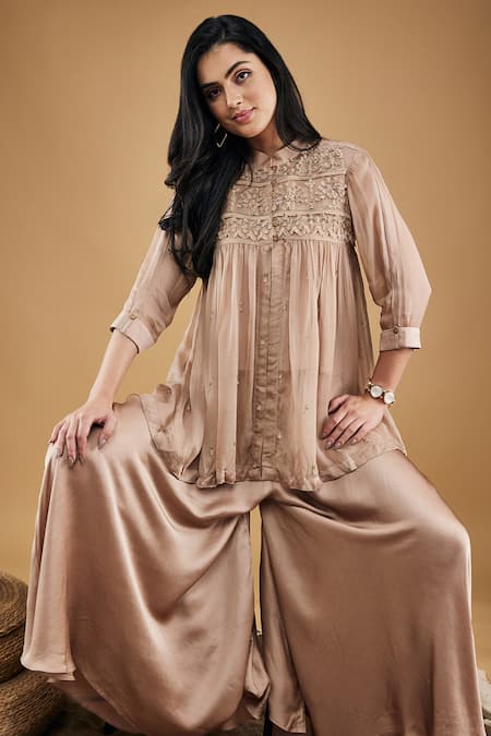 Shop_Soup By Sougat Paul_Brown Viscose, Silk, Satin Embroidery, Beads Azra Embellished Tunic And Pant Set _Online_at_Aza_Fashions