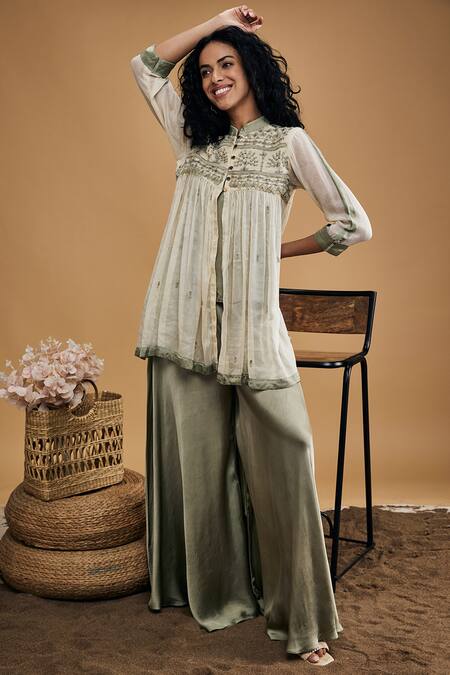 Soup By Sougat Paul_Grey Silk, Satin Embroidery Bandeau Neck Azra Embellished Top With Flared Pant _Online_at_Aza_Fashions