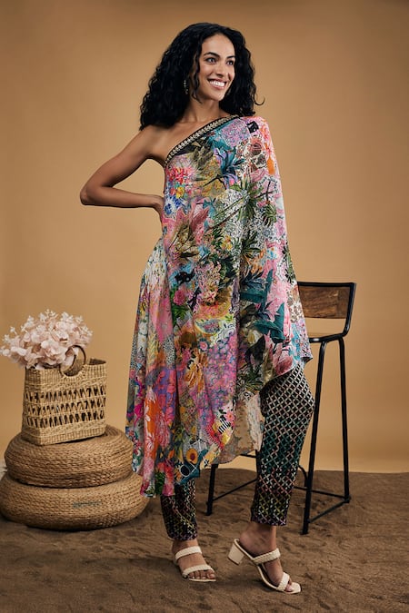 Soup By Sougat Paul_Multi Color Silk One Shoulder Tropical Twilight Print Kurta And Pant Set _Online_at_Aza_Fashions