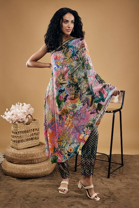 Buy_Soup By Sougat Paul_Multi Color Silk One Shoulder Tropical Twilight Print Kurta And Pant Set _Online_at_Aza_Fashions