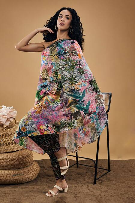 Shop_Soup By Sougat Paul_Multi Color Silk One Shoulder Tropical Twilight Print Kurta And Pant Set _Online_at_Aza_Fashions