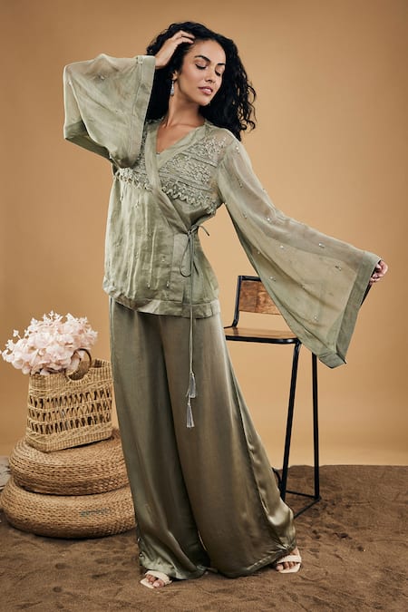 Soup By Sougat Paul Grey Satin Embroidery V-neck Azra Embellished Overlapped Top And Pant Set Online at Aza Fashions Soup By Sougat Paul_Grey Satin Embroidery V-neck Azra Embellished Overlapped Top And Pant Set _Online_at_Aza_Fashions