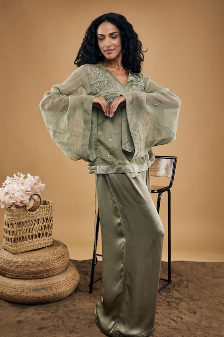 Shop Soup By Sougat Paul Grey Satin Embroidery V-neck Azra Embellished Overlapped Top And Pant Set Online at Aza Fashions Shop_Soup By Sougat Paul_Grey Satin Embroidery V-neck Azra Embellished Overlapped Top And Pant Set _Online_at_Aza_Fashions