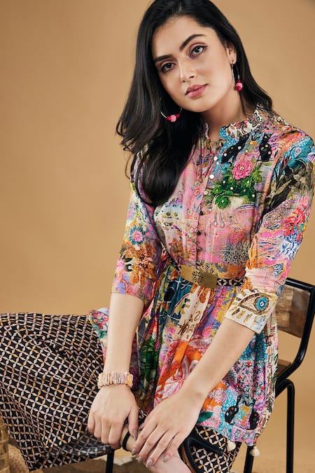 Buy_Soup By Sougat Paul_Multi Color Silk Bandeau Neck Tropical Twilight Print Kurta And Pant Set _Online_at_Aza_Fashions