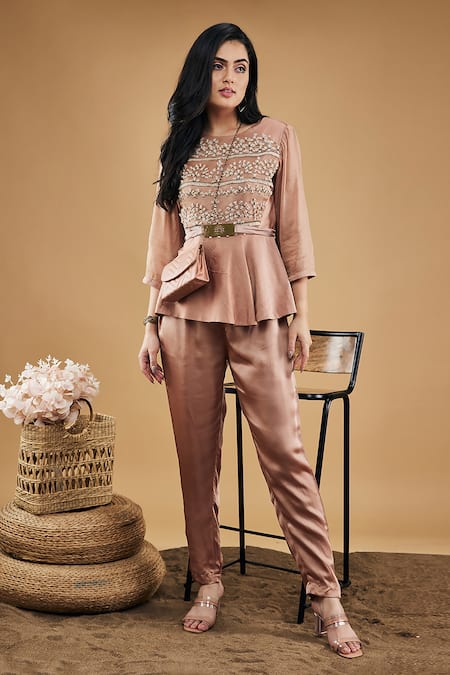 Buy White Imported Luxury Crepe Embellished Ruched Peplum Top And Pant Set  For Women by Ahi Clothing Online at Aza Fashions.