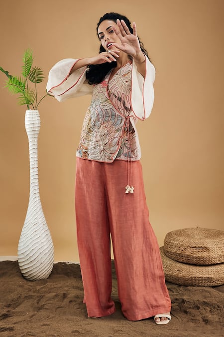 Soup By Sougat Paul Peach Linen, Handloom Cotton Embroidery Conversational Patchwork Top And Pant Set Online at Aza Fashions Soup By Sougat Paul_Peach Linen, Handloom Cotton Embroidery Conversational Patchwork Top And Pant Set _Online_at_Aza_Fashions