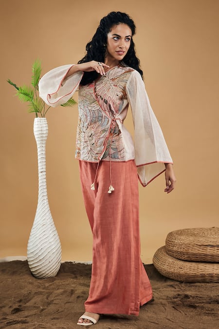 Buy Soup By Sougat Paul Peach Linen, Handloom Cotton Embroidery Conversational Patchwork Top And Pant Set Online at Aza Fashions Buy_Soup By Sougat Paul_Peach Linen, Handloom Cotton Embroidery Conversational Patchwork Top And Pant Set _Online_at_Aza_Fashions