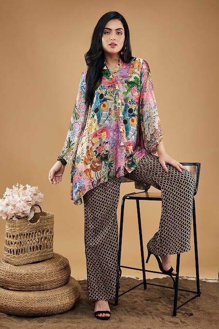 Soup By Sougat Paul_Multi Color Silk Embroidery Bandeau Tropical Twilight Pattern Kurta And Pant Set _Online_at_Aza_Fashions