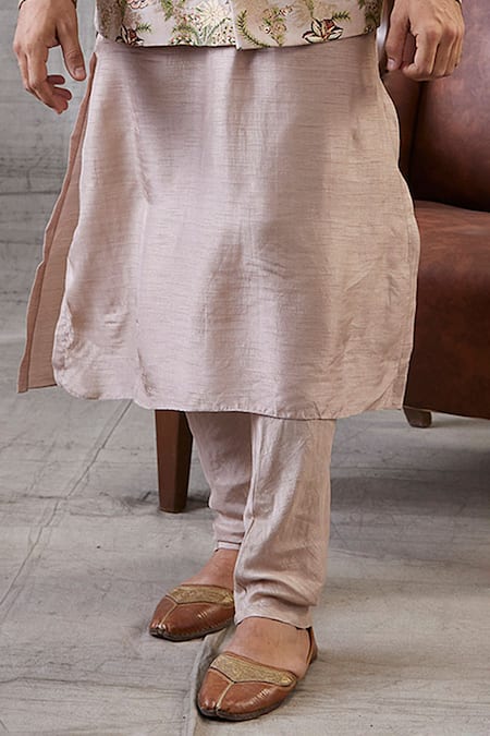 Soup By Sougat Paul_Beige Brocade, Silk Embroidery, Sequins Mehr Printed Jacket With Kurta Set _Online_at_Aza_Fashions