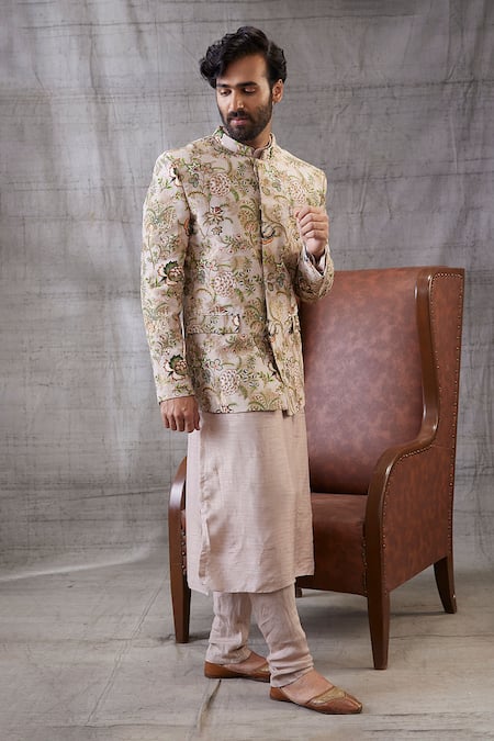 Buy_Soup By Sougat Paul_Beige Brocade, Silk Embroidery, Sequins Mehr Printed Jacket With Kurta Set _Online_at_Aza_Fashions