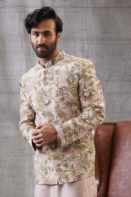 Shop_Soup By Sougat Paul_Beige Brocade, Silk Embroidery, Sequins Mehr Printed Jacket With Kurta Set _Online_at_Aza_Fashions