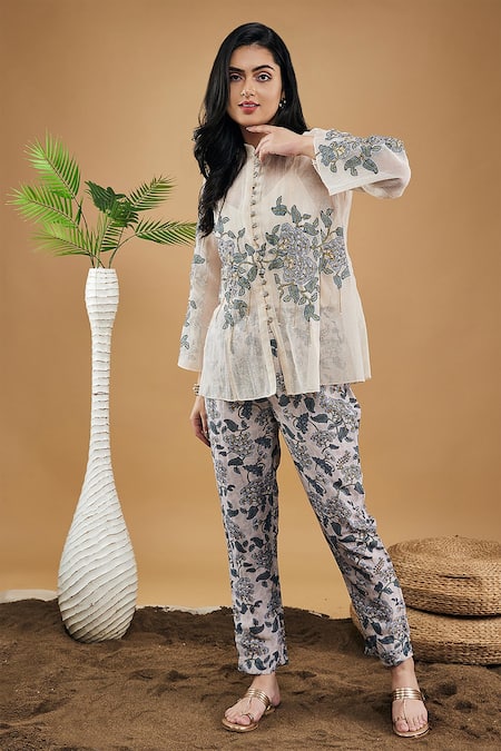 Soup By Sougat Paul_Multi Color Linen, Handloom Cotton Applique, Yasmin Shirt Top With Pant _Online_at_Aza_Fashions
