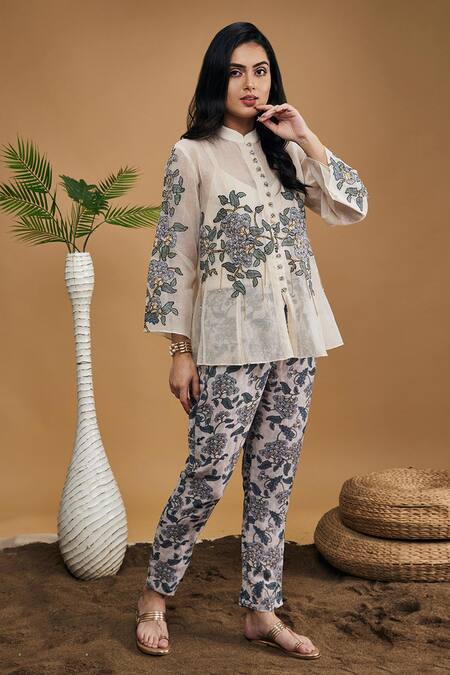 Buy_Soup By Sougat Paul_Multi Color Linen, Handloom Cotton Applique, Yasmin Shirt Top With Pant _Online_at_Aza_Fashions