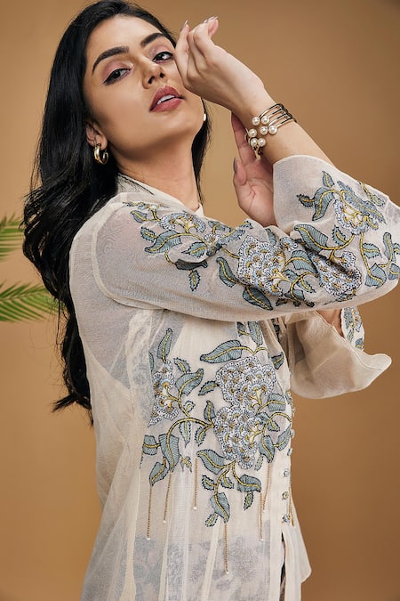 Shop_Soup By Sougat Paul_Multi Color Linen, Handloom Cotton Applique, Yasmin Shirt Top With Pant _Online_at_Aza_Fashions