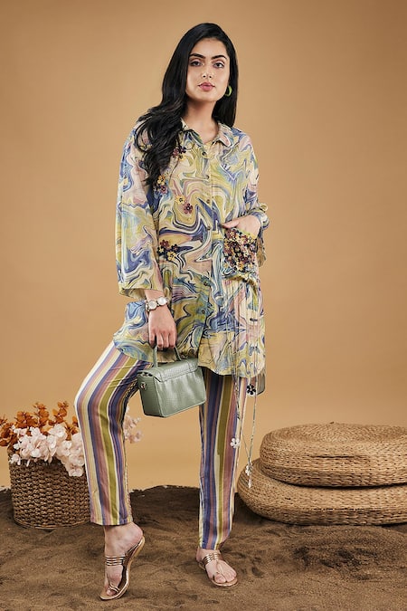 Soup By Sougat Paul_Multi Color Cotton, Silk Embroidery Marble Mosaic Embellished Shirt With Pant _Online_at_Aza_Fashions