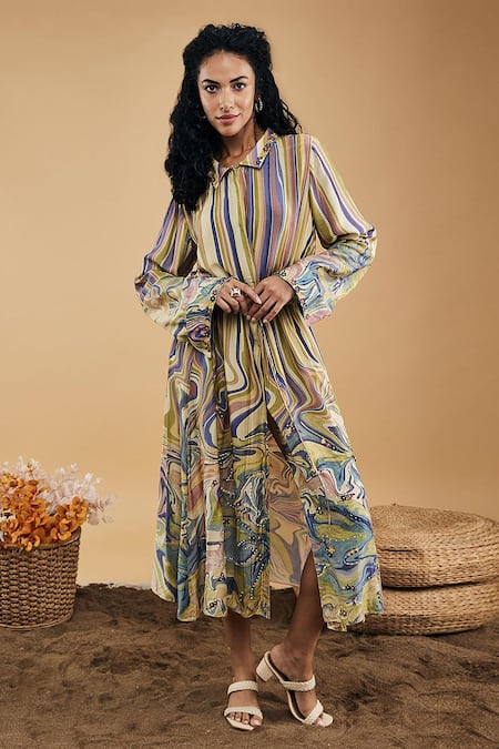 Soup By Sougat Paul_Multi Color Cotton, Silk Embroidery Collared Marble Mosaic Print Long Dress _Online_at_Aza_Fashions