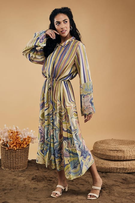 Buy_Soup By Sougat Paul_Multi Color Cotton, Silk Embroidery Collared Marble Mosaic Print Long Dress _Online_at_Aza_Fashions
