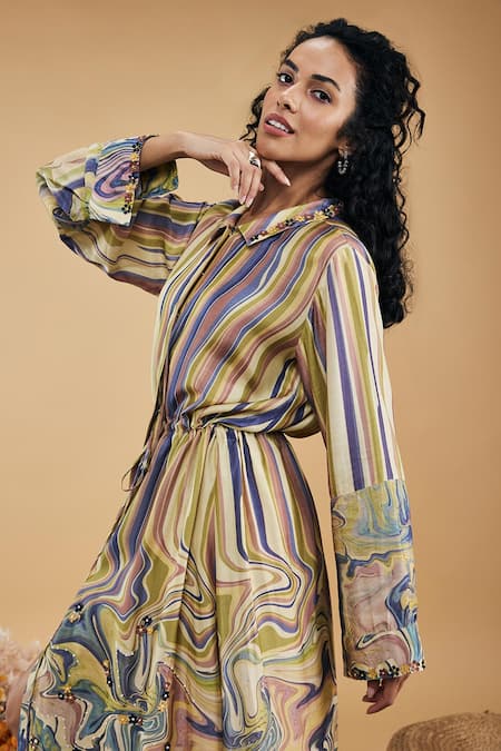 Shop_Soup By Sougat Paul_Multi Color Cotton, Silk Embroidery Collared Marble Mosaic Print Long Dress _Online_at_Aza_Fashions