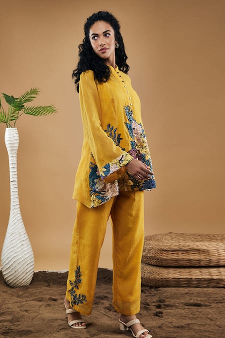 Soup By Sougat Paul_Yellow Handloom Cotton Applique, Embroidery Bandeau Zinnia Pant Co-ord Set _Online_at_Aza_Fashions