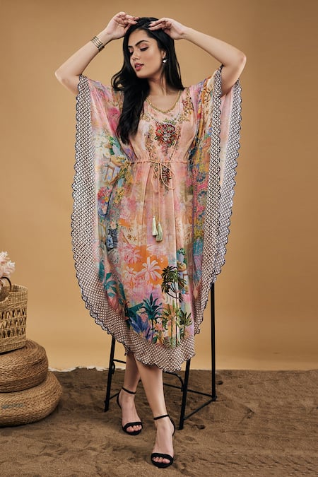 Soup By Sougat Paul_Multi Color Crepe Embroidery V-neck Tropical Twilight Pattern Kaftan Dress _Online_at_Aza_Fashions