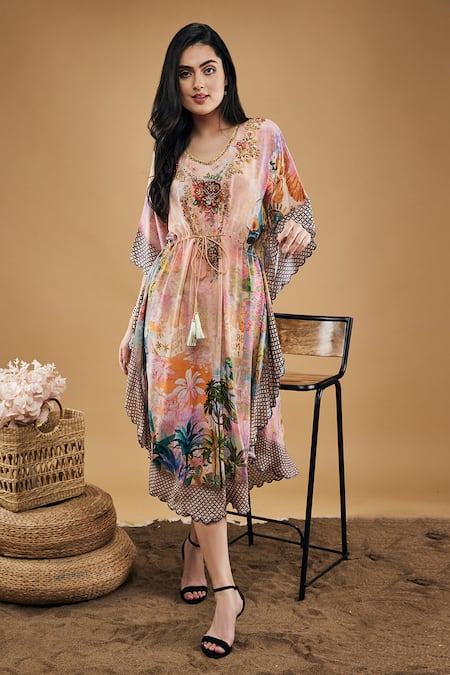 Buy_Soup By Sougat Paul_Multi Color Crepe Embroidery V-neck Tropical Twilight Pattern Kaftan Dress _Online_at_Aza_Fashions
